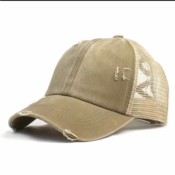 Accessories - Washed Baseball Cap Distressed Ripped Criss Cross Ponytail Cap